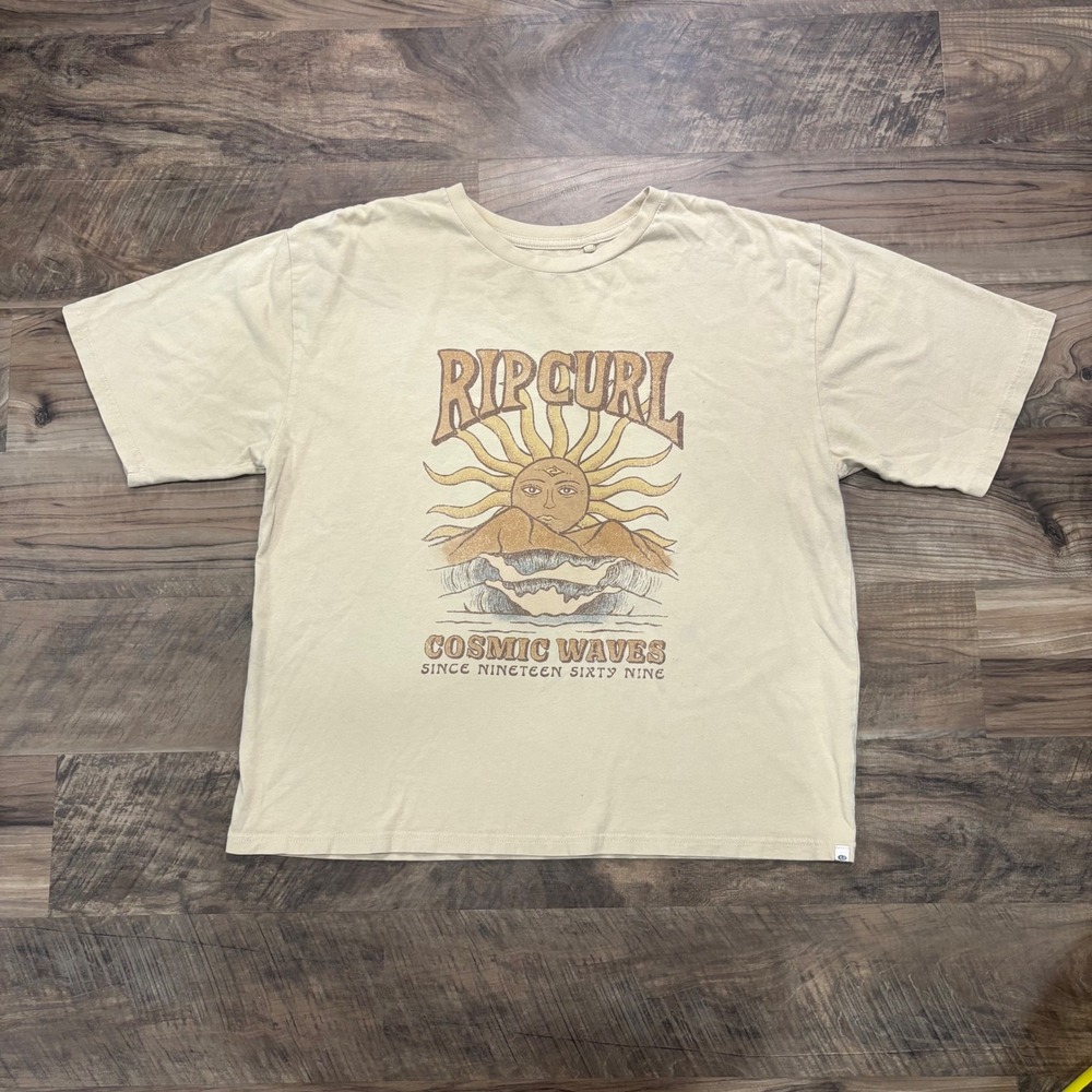 Vintage Y2K Rip Curl Graphic Tee Womens S Tan Cosmic Waves Surf Beachy Cotton